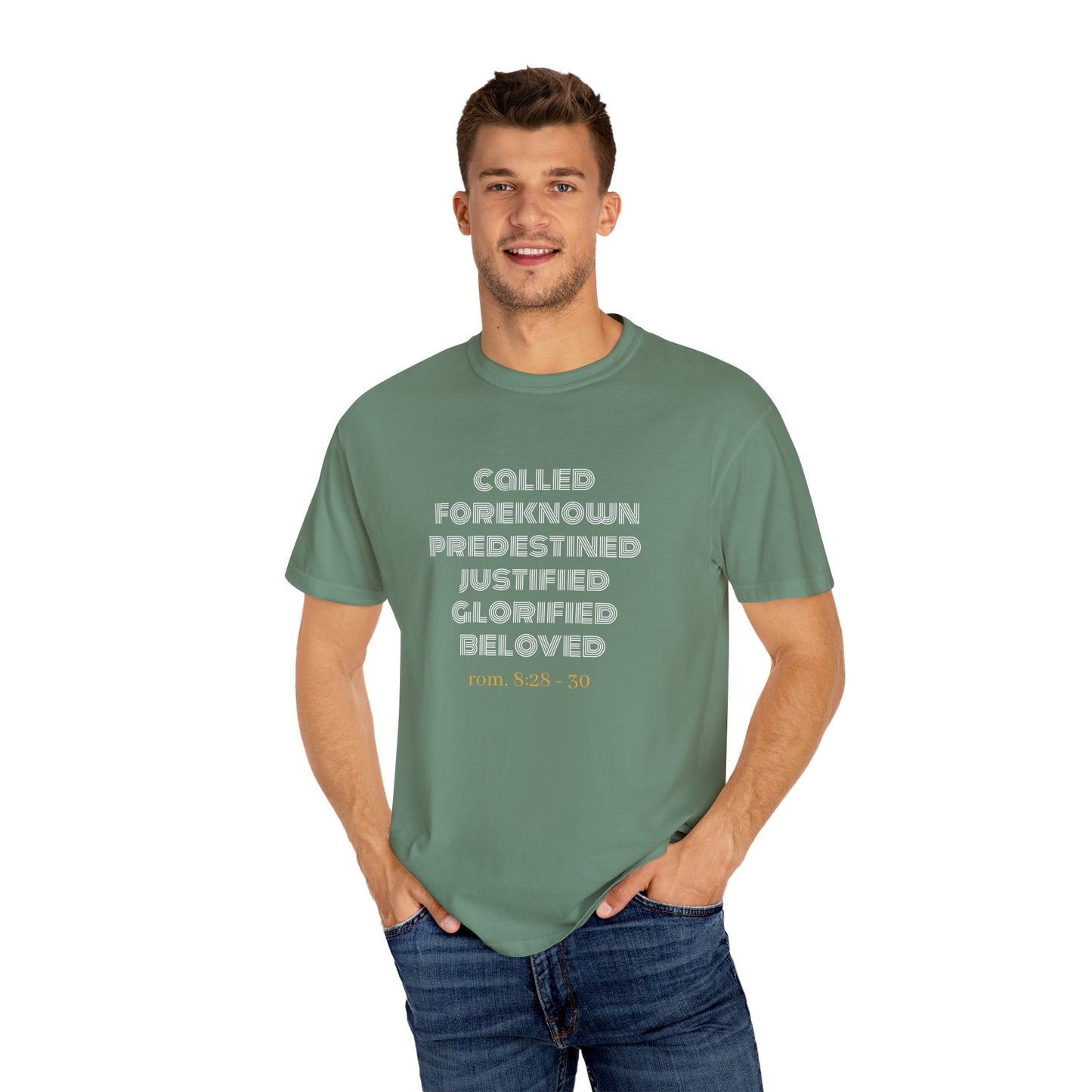 Bible Verse Comfort Colors T-shirt, Romans 8:28-30 Called Predestined Justified Glorified Beloved, Unisex Garment-Dyed Tee, Christian