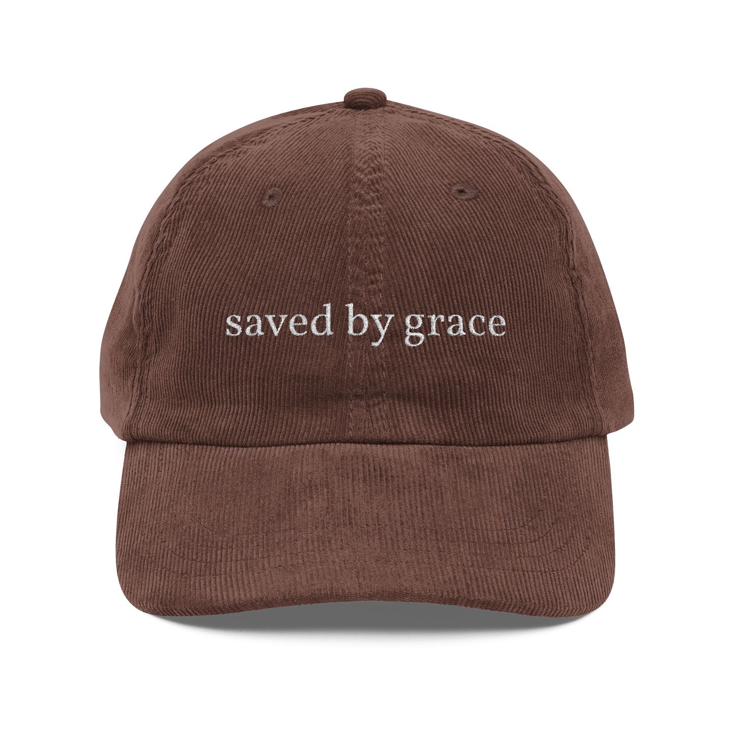 Saved By Grace Corduroy Cap — Embroidered Christian Baseball Hat (Eph. 6:17)