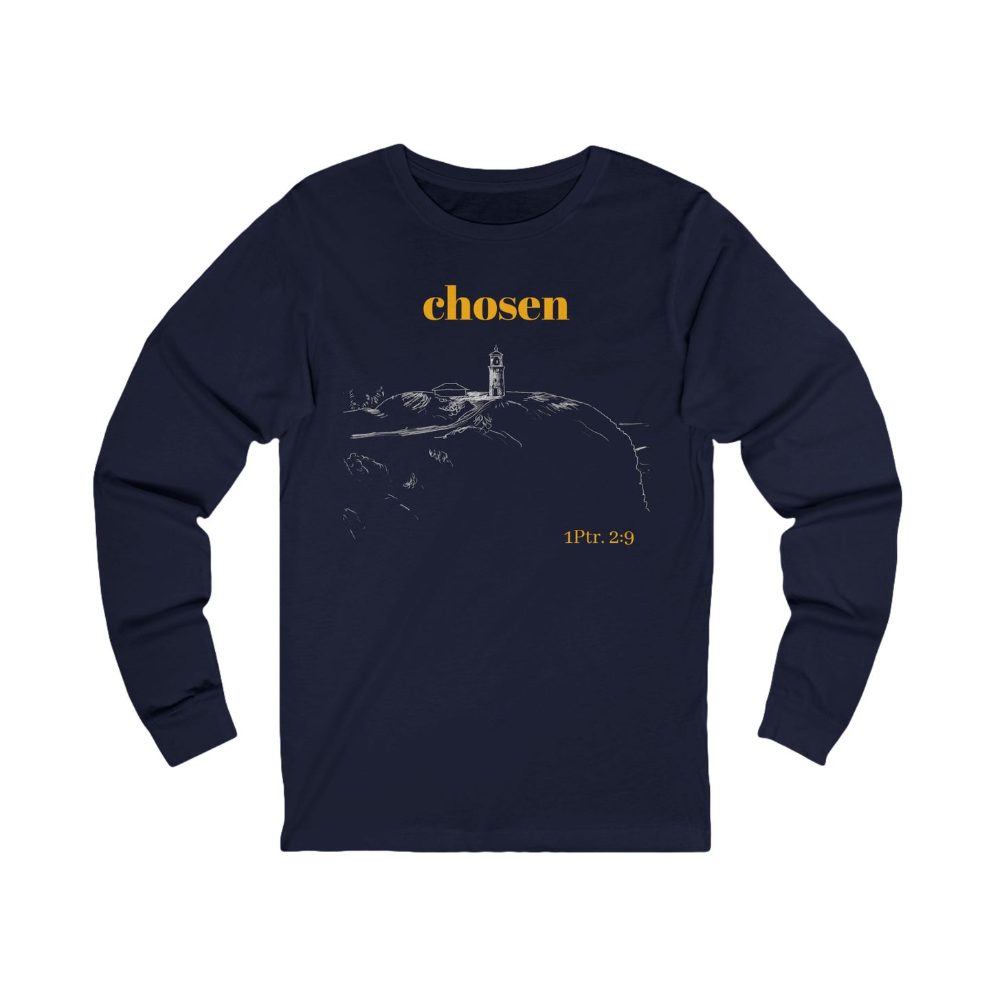 Chosen Race Lighthouse Tee, Christian Long Sleeve Shirt, Light of Faith Unisex Jersey, Comfortable Layering Tee, 1 Peter 2:9 Verse Tee