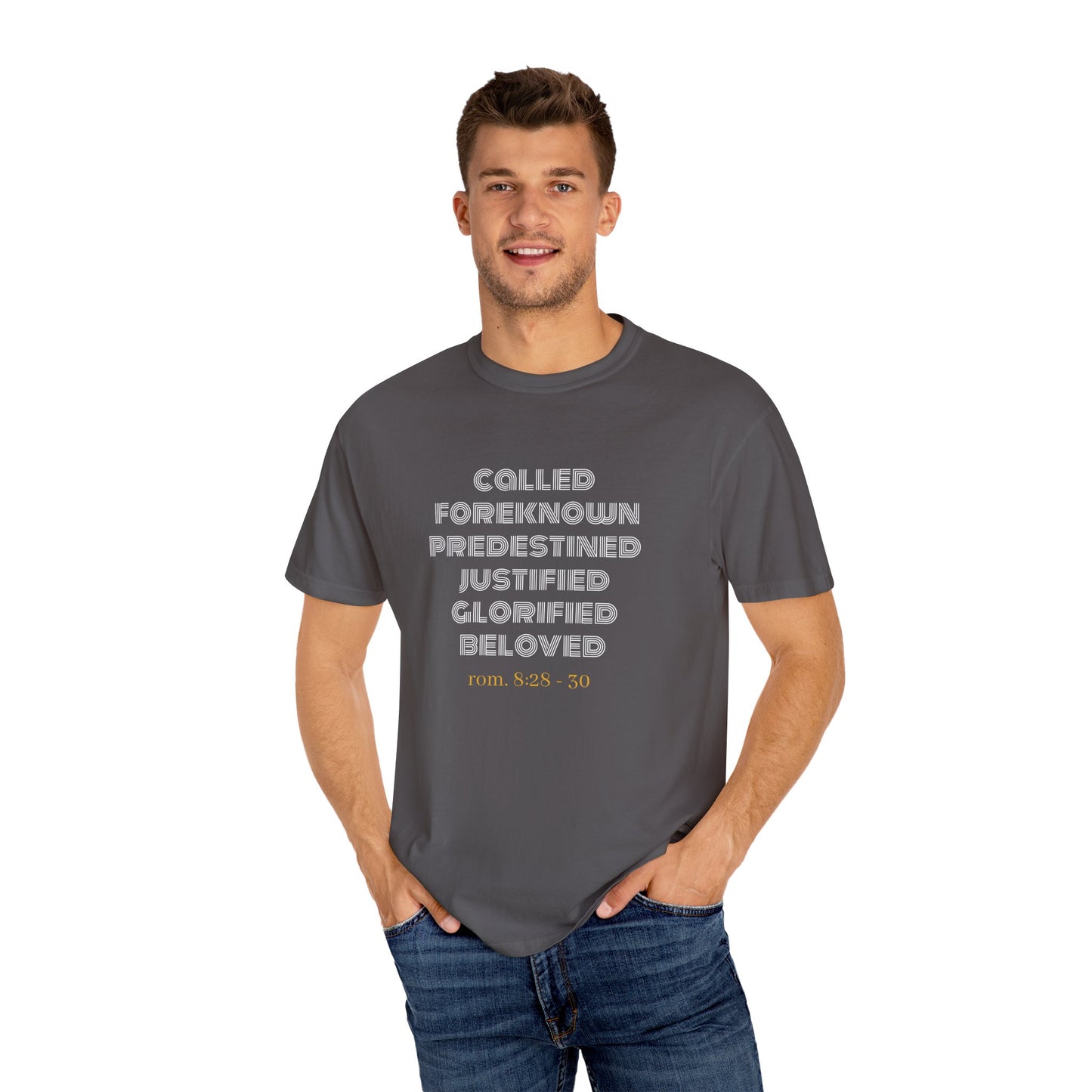 Bible Verse Comfort Colors T-shirt, Romans 8:28-30 Called Predestined Justified Glorified Beloved, Unisex Garment-Dyed Tee, Christian