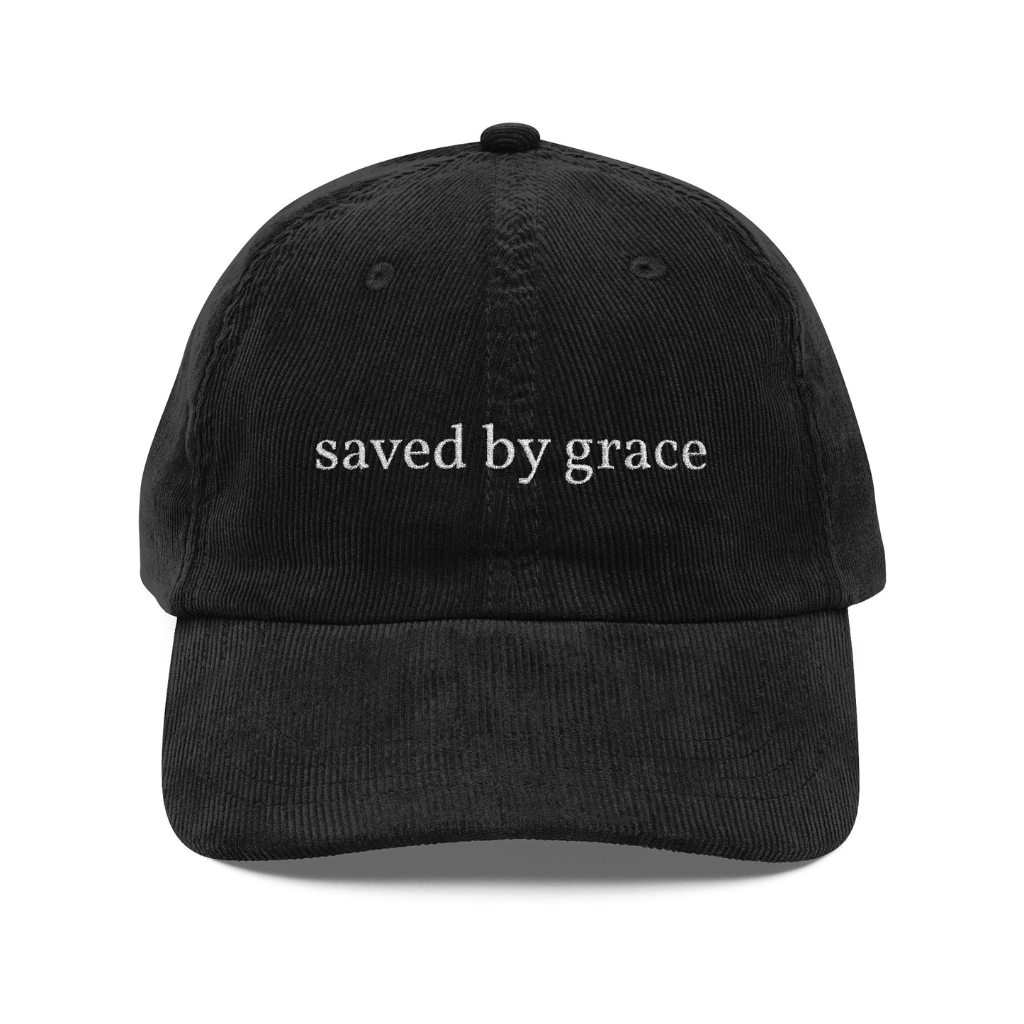Saved By Grace Corduroy Cap — Embroidered Christian Baseball Hat (Eph. 6:17)