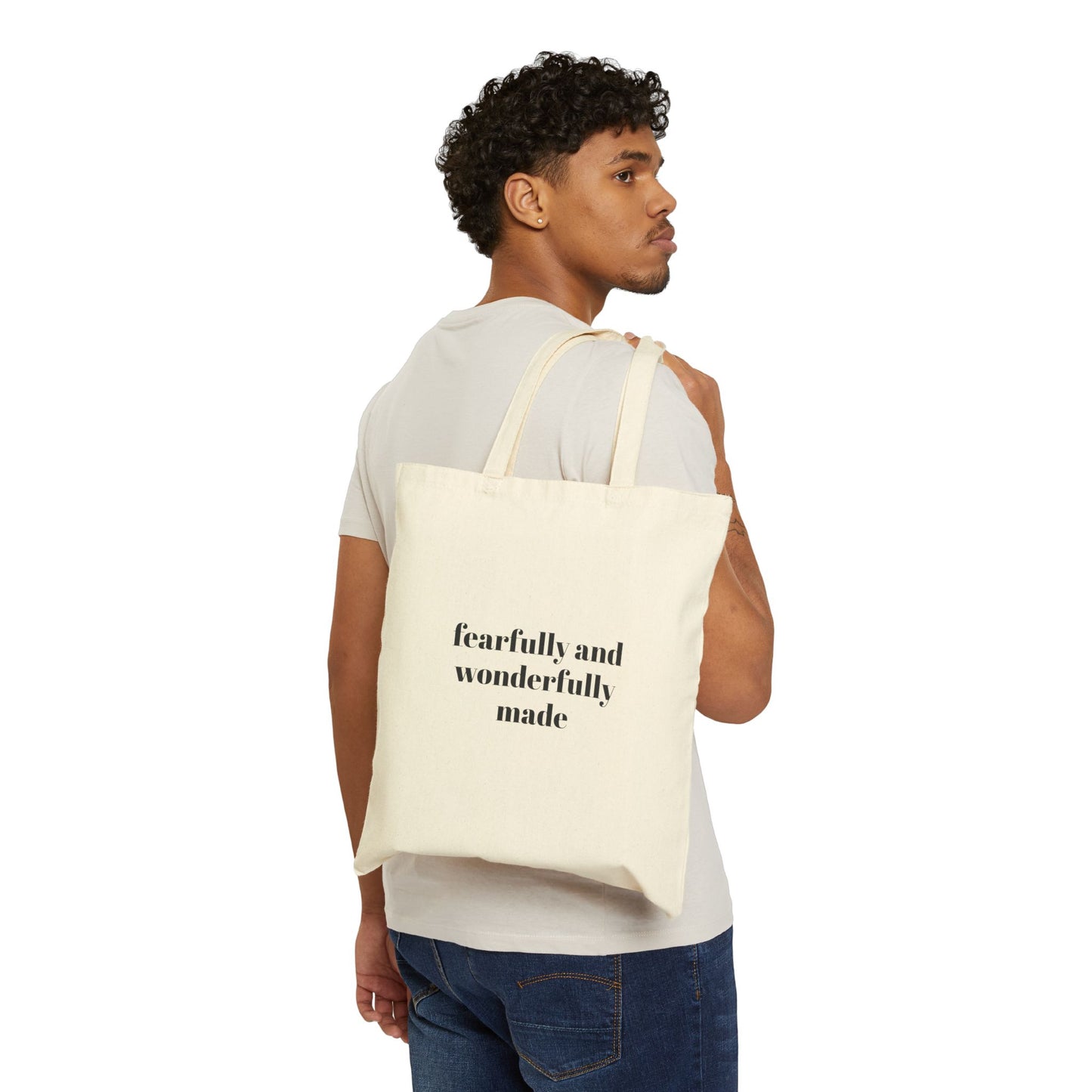 Ti Leaf on Cotton Canvas Tote Bag, Stylish Eco-Friendly Bag, Perfect for Shopping, Beach, Gifts, 'Fearfully and Wonderfully Made'