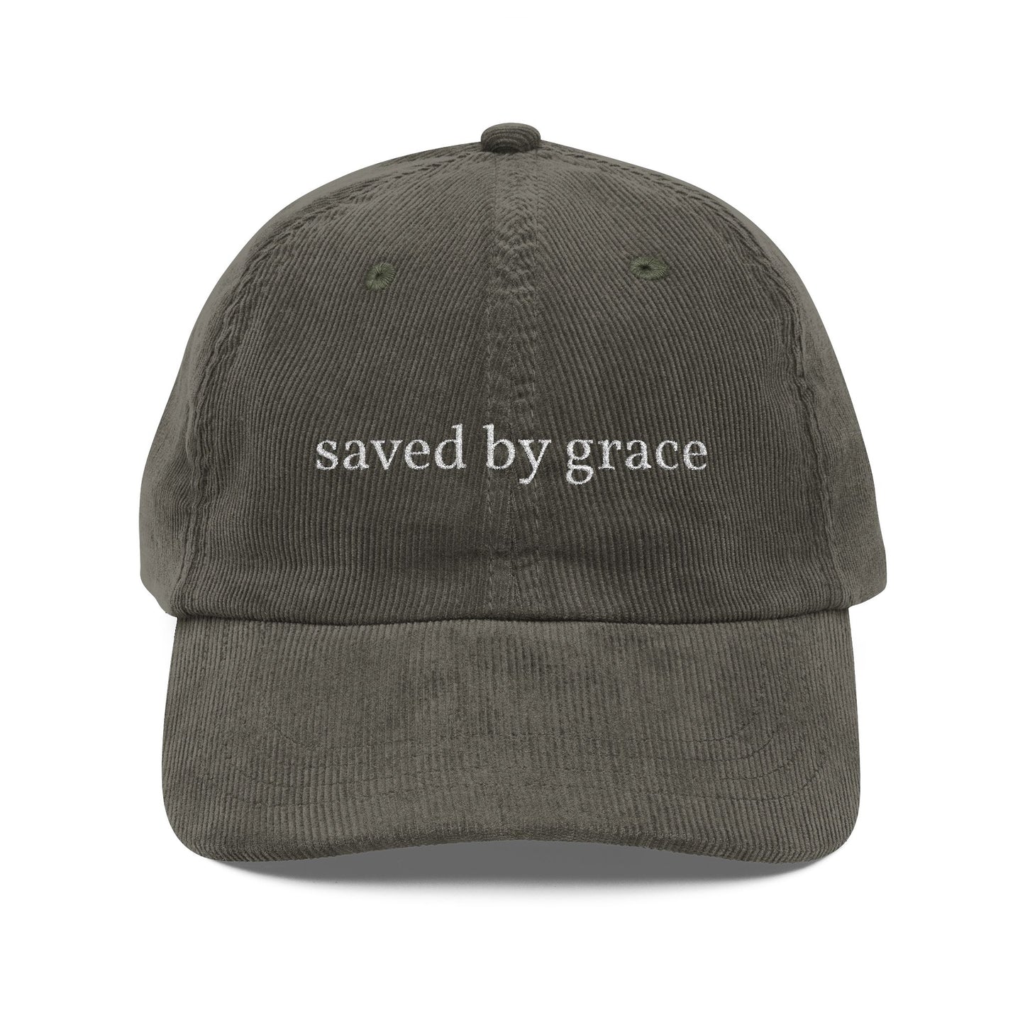 Saved By Grace Corduroy Cap — Embroidered Christian Baseball Hat (Eph. 6:17)