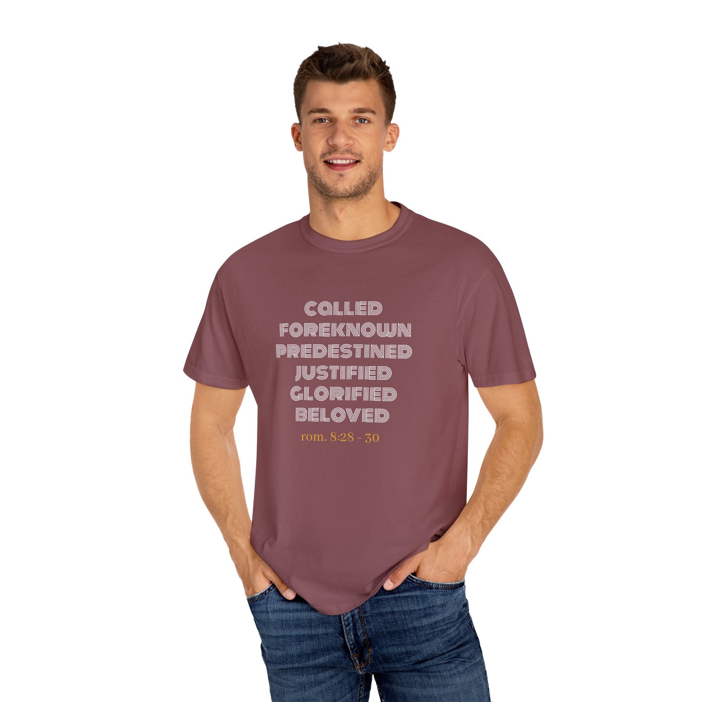 Bible Verse Comfort Colors T-shirt, Romans 8:28-30 Called Predestined Justified Glorified Beloved, Unisex Garment-Dyed Tee, Christian
